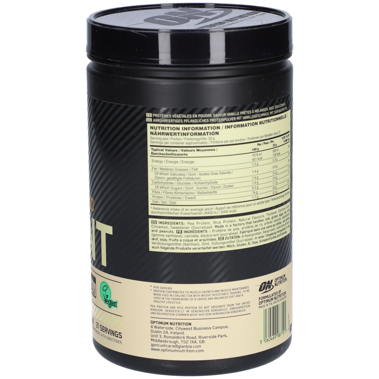 Rückseite der Dose. Nährwertangaben, Zutatenliste. Vegan-Siegel. Optimum Nutrition Logo.