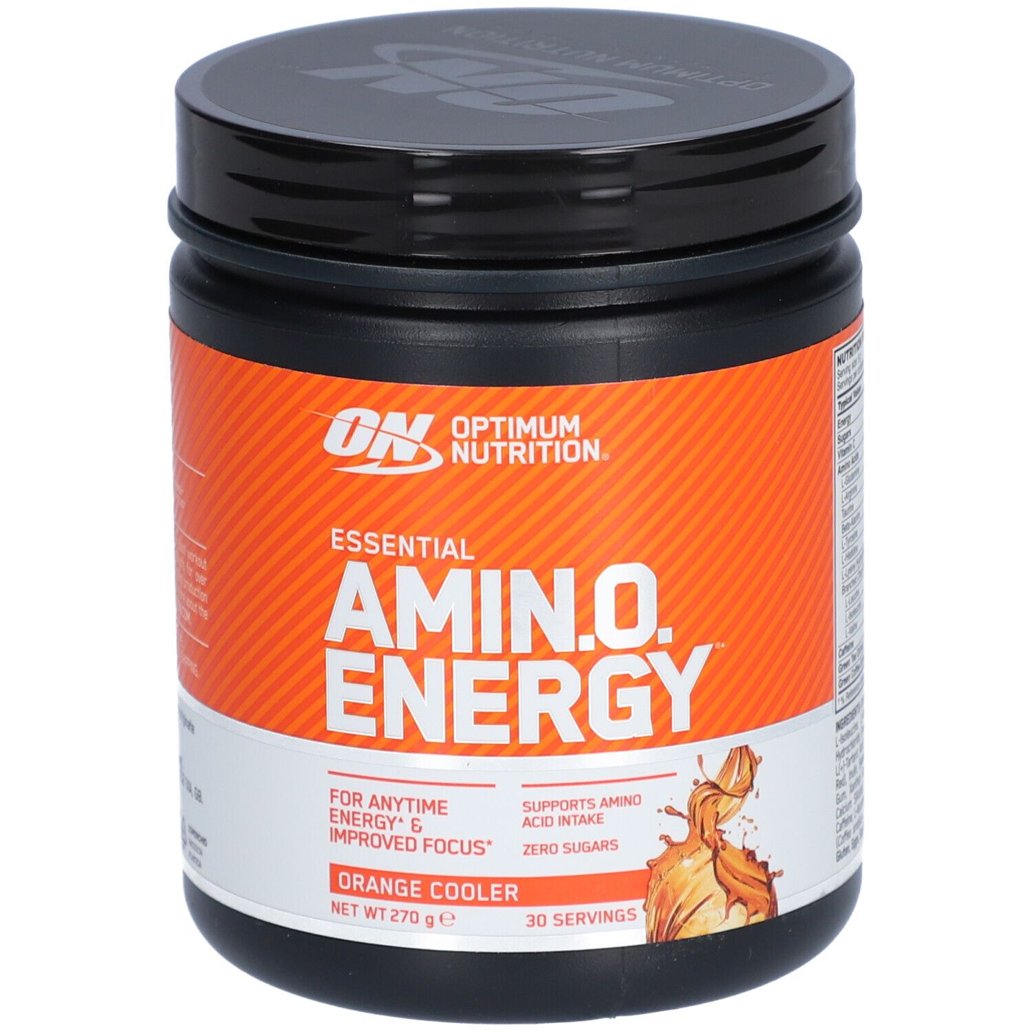 Pot orange Essential AMIN.O. ENERGY. Inscription: Orange Cooler, 270g, 30 portions. Marque Optimum Nutrition.