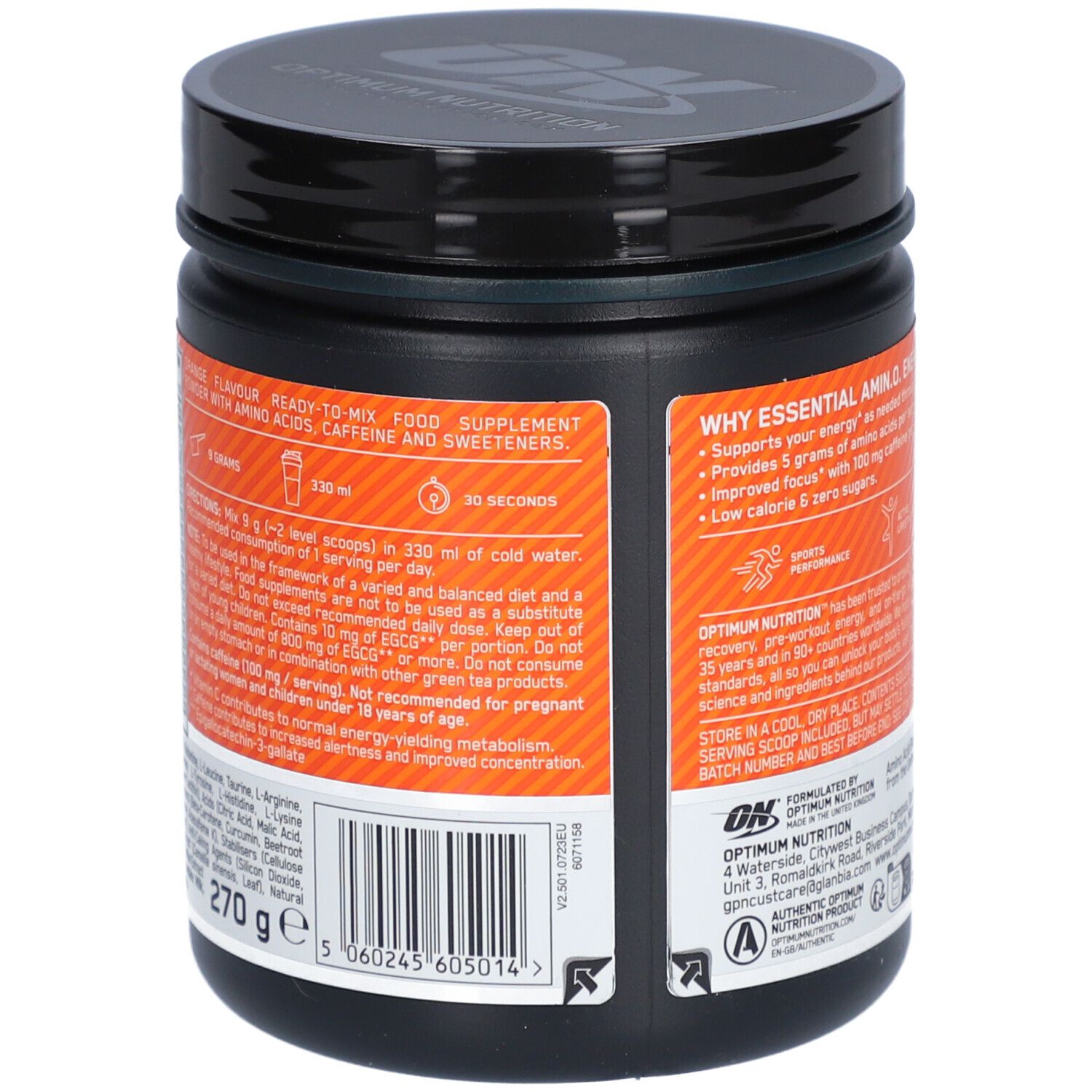 Dos du pot. Texte: Complément alimentaire. Liste des ingrédients, dosage, avertissements. 270g. Optimum Nutrition.