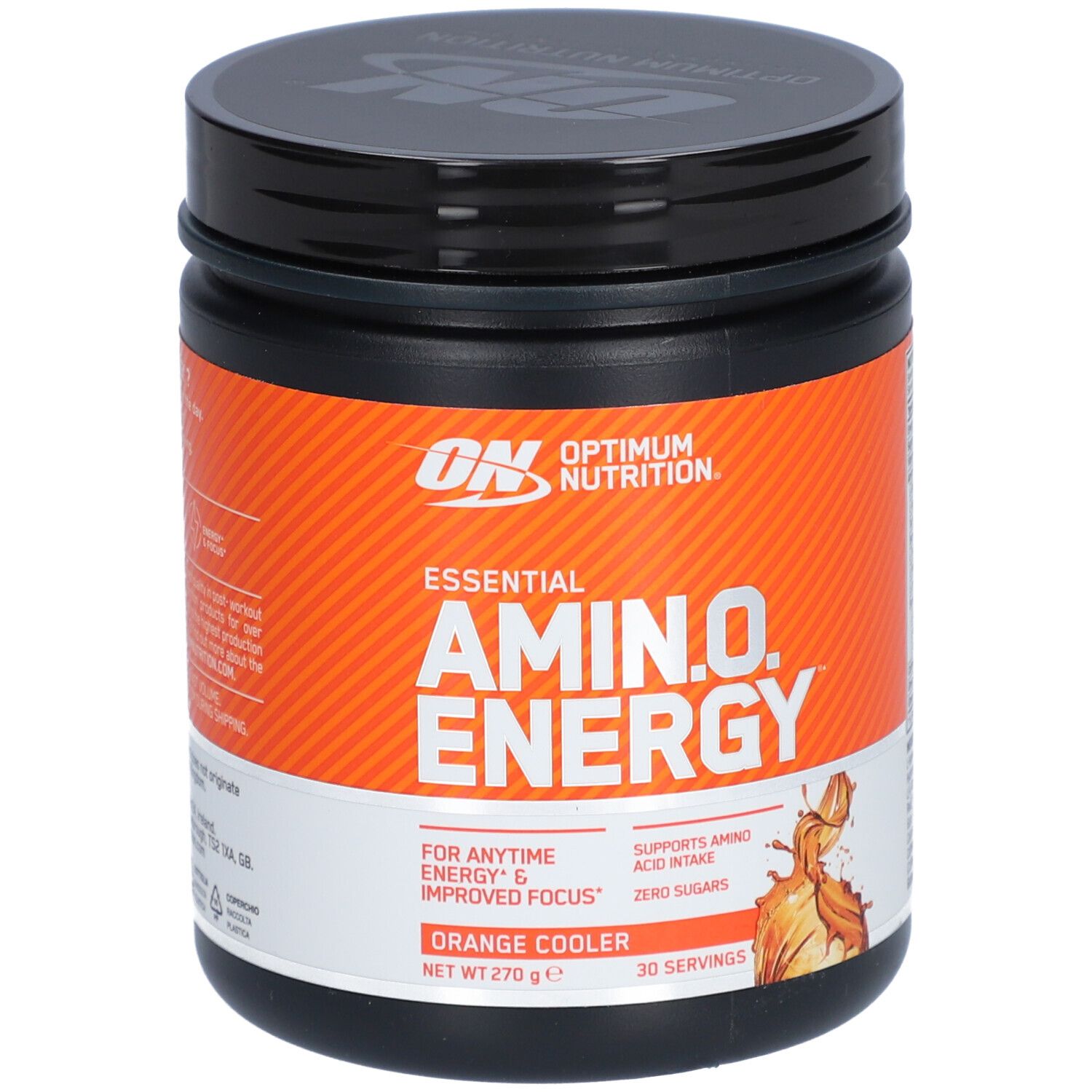 Pot orange Essential AMIN.O. ENERGY. Inscription: Orange Cooler, 270g, 30 portions. Marque Optimum Nutrition.