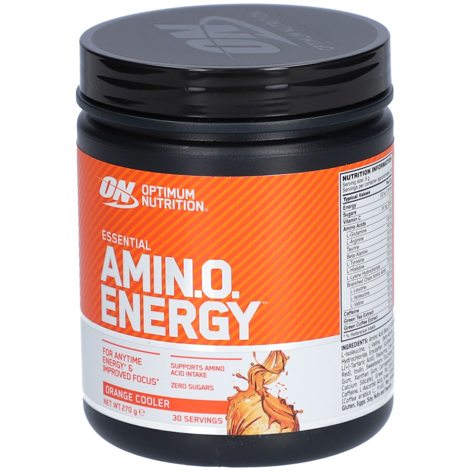 Pot orange Essential AMIN.O. ENERGY. Inscription: Orange Cooler, 270g, 30 portions. Tableau nutritionnel.