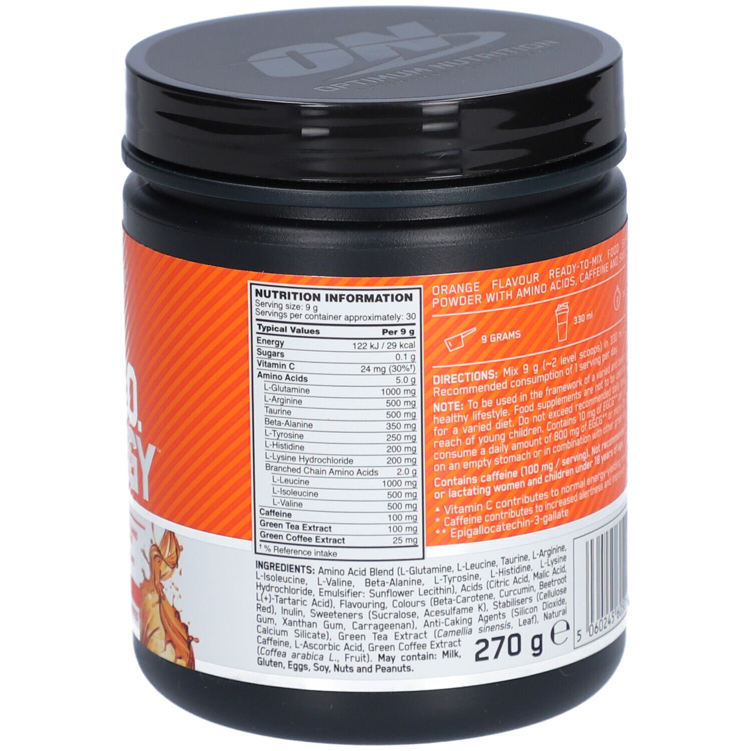 Dos du pot. Liste des ingrédients, dosage, instructions. 270g. Optimum Nutrition. Goût orange.