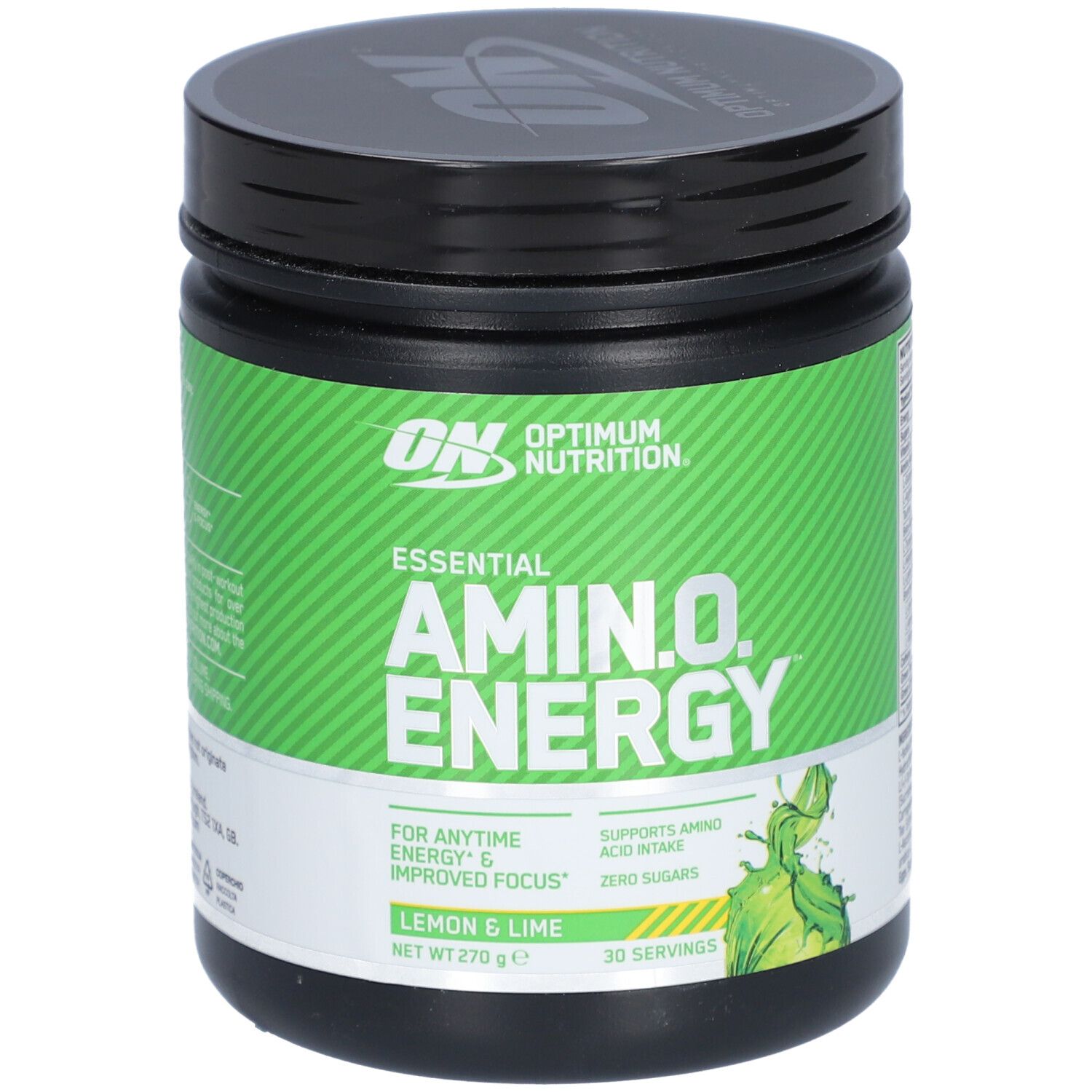 Pot Optimum Nutrition Essential AMIN.O. ENERGY, citron et citron vert. Couvercle noir, étiquette verte. Contient 270 g.