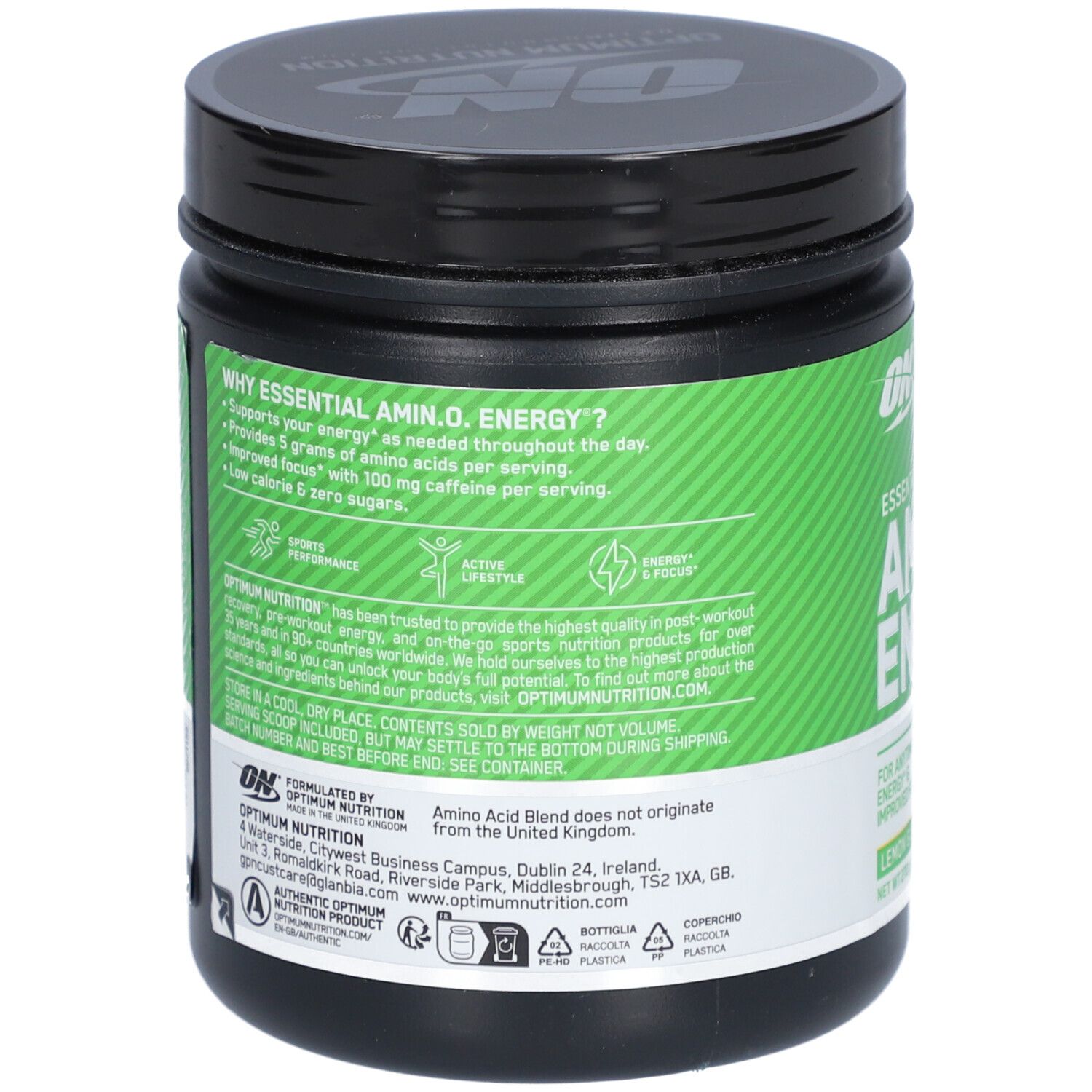 Dos du pot Optimum Nutrition Essential AMIN.O. ENERGY. Contient des informations sur les ingrédients et la valeur nutritionnelle.