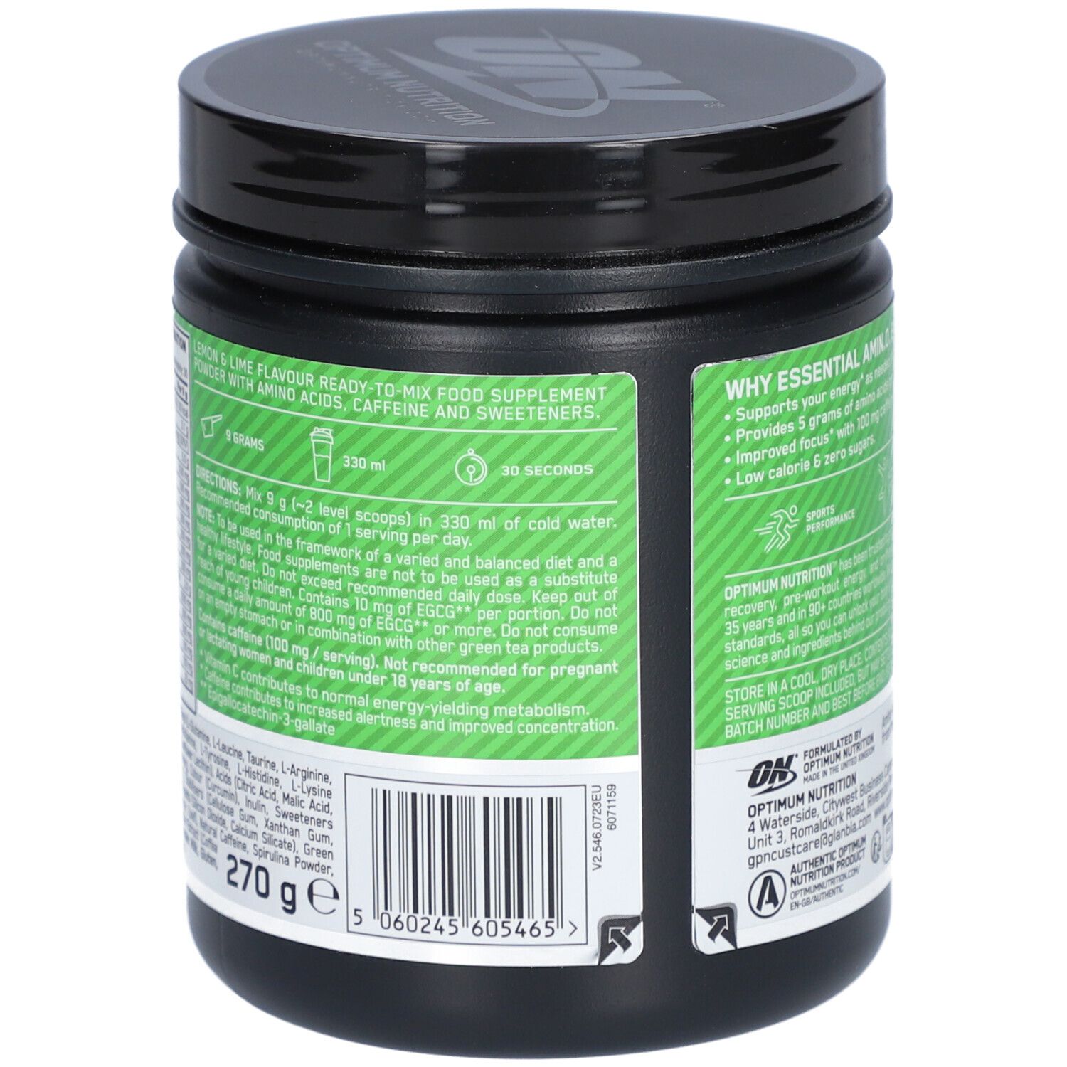 Dos du pot Optimum Nutrition Essential AMIN.O. ENERGY. Contient des informations sur la préparation et les ingrédients.