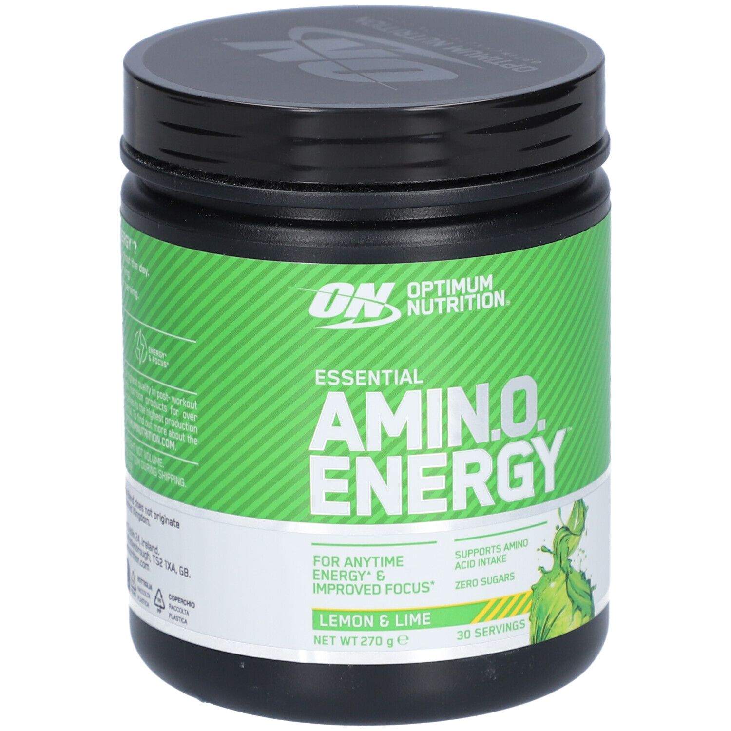 Pot Optimum Nutrition Essential AMIN.O. ENERGY, citron et citron vert. Couvercle noir, étiquette verte. 30 portions.