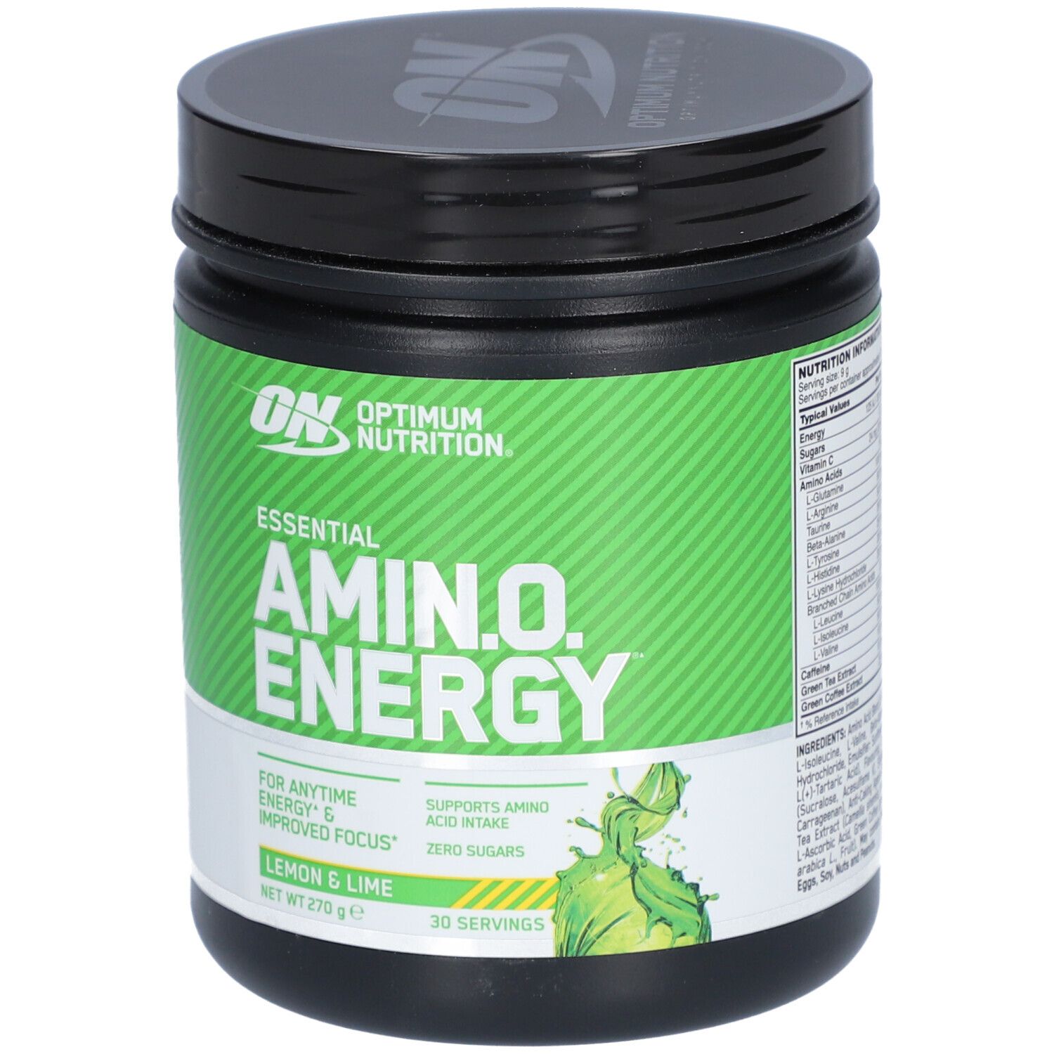 Pot Optimum Nutrition Essential AMIN.O. ENERGY, citron et citron vert. Couvercle noir, étiquette verte. 270 g.