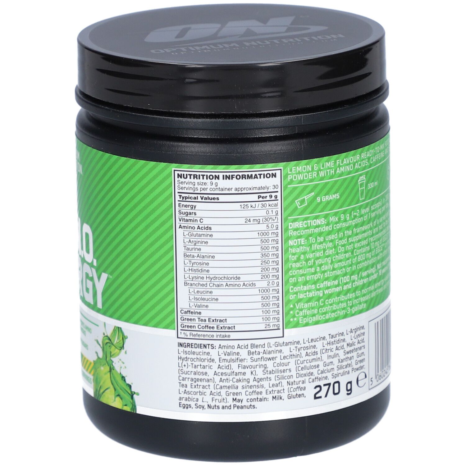 Dos du pot Optimum Nutrition Essential AMIN.O. ENERGY. Informations nutritionnelles et liste des ingrédients.