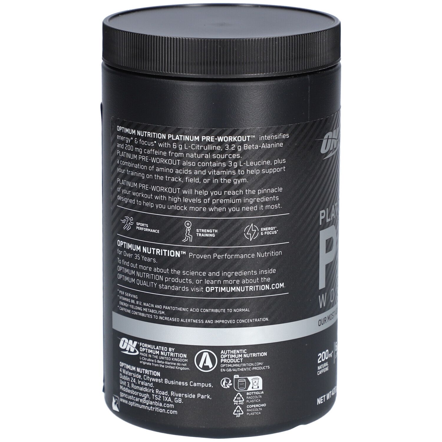 Dos d'une boîte noire. Texte : OPTIMUM NUTRITION PLATINUM PRE-WORKOUT. Contient des informations sur les ingrédients et l'utilisation.