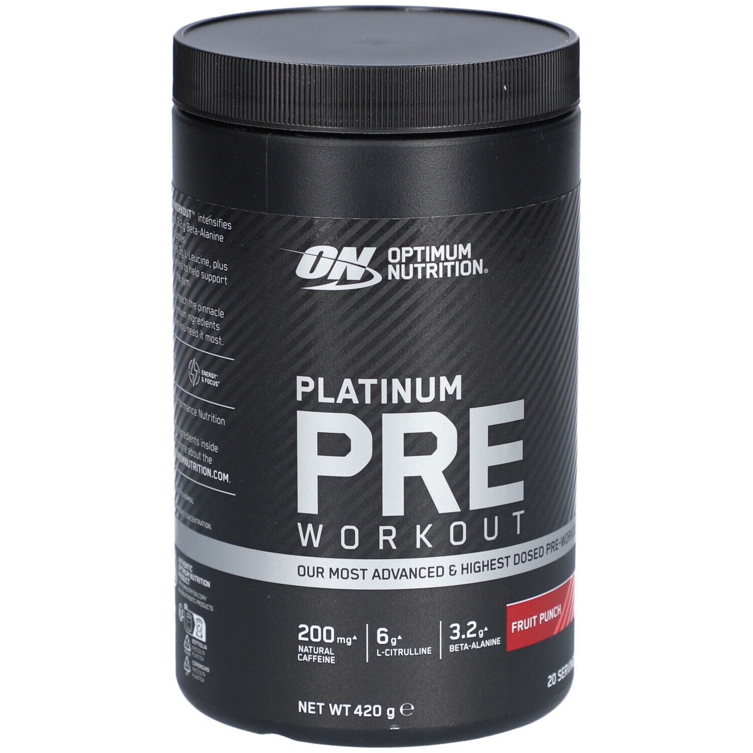 Boîte noire avec couvercle. Inscription : OPTIMUM NUTRITION, PLATINUM PRE WORKOUT, Fruit Punch. Contient caféine, L-citrulline, bêta-alanine.