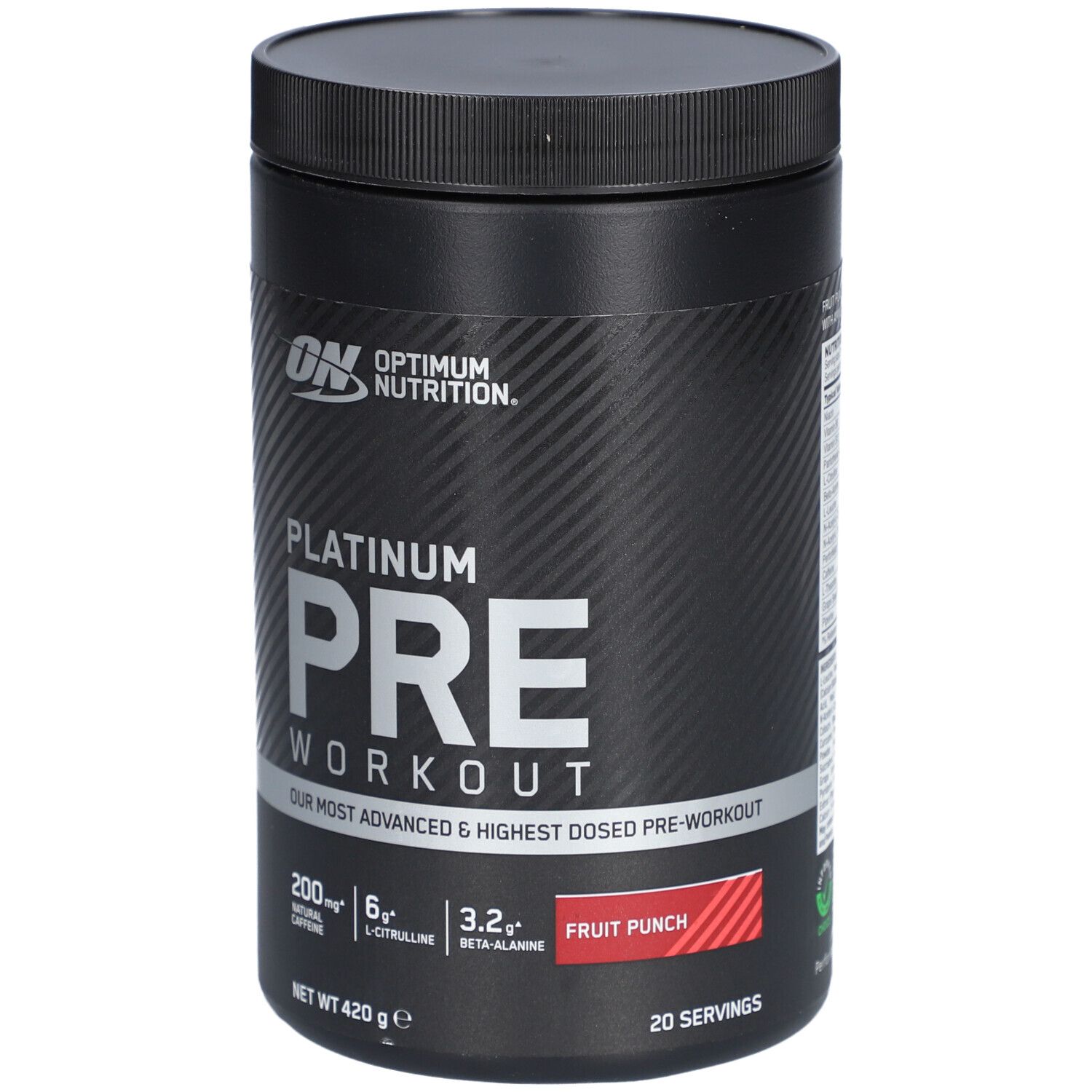 Boîte noire avec couvercle. Inscription : OPTIMUM NUTRITION, PLATINUM PRE WORKOUT, Fruit Punch. Contient caféine, L-citrulline, bêta-alanine.