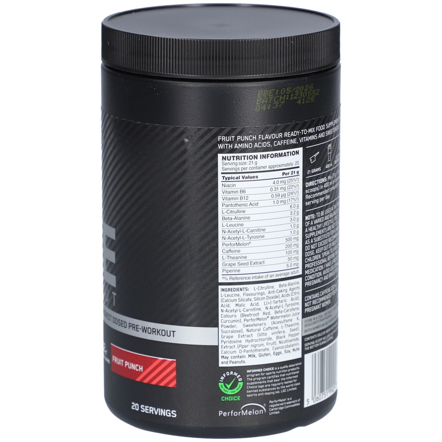 Dos d'une boîte noire. Texte : OPTIMUM NUTRITION PLATINUM PRE-WORKOUT. Contient des informations sur les ingrédients et l'utilisation.