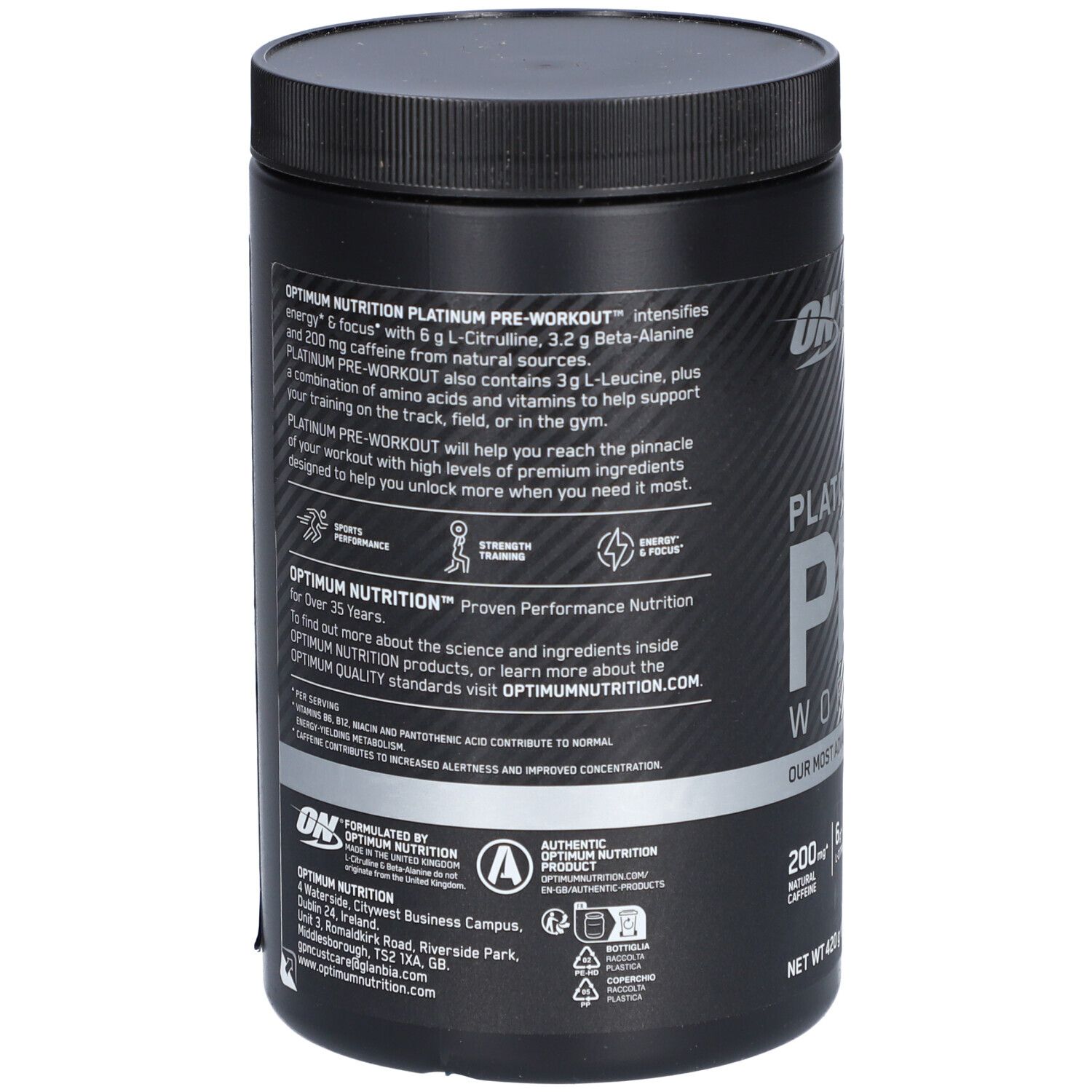 Rückseite des Behälters. Text: OPTIMUM NUTRITION. Informationen zu Inhaltsstoffen und Nährwerten. Enthält L-Leucin, Vitamine.