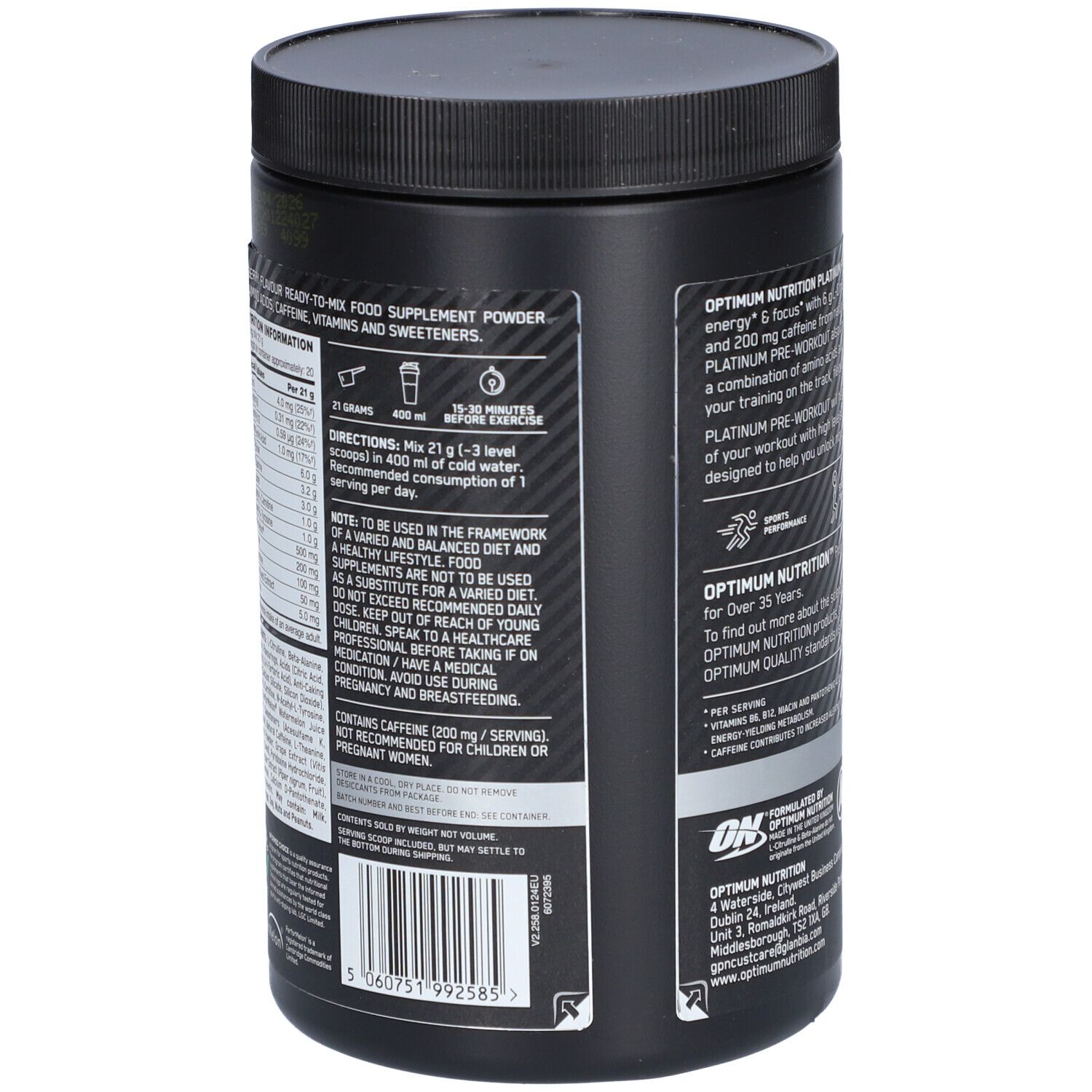 Behälter mit Text. Zubereitungshinweise: Mischen mit Wasser. Enthält Koffein. Nicht für Schwangere oder Stillende.