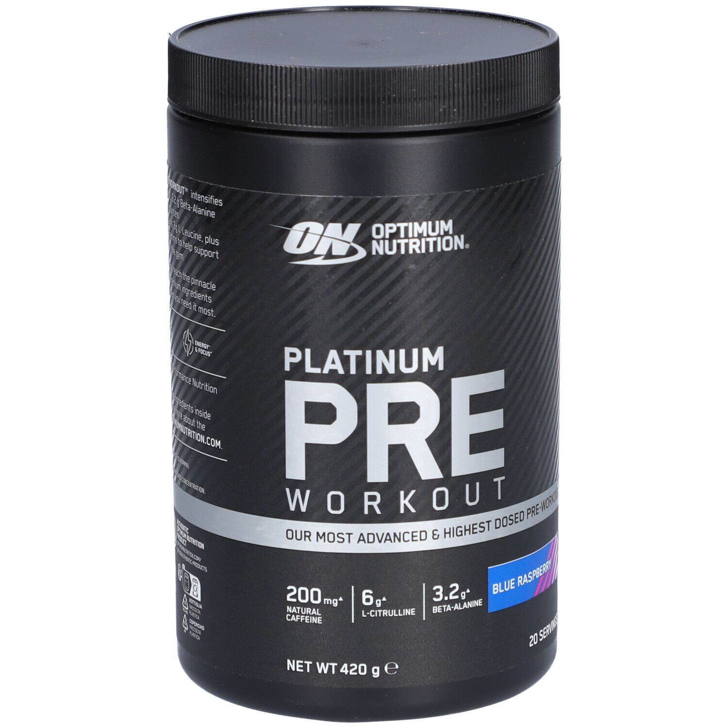 Schwarzer Behälter mit Deckel. Aufschrift: Platinum PRE-WORKOUT. Blaue Himbeer-Geschmacksrichtung. Enthält Koffein, L-Citrullin, Beta-Alanin.