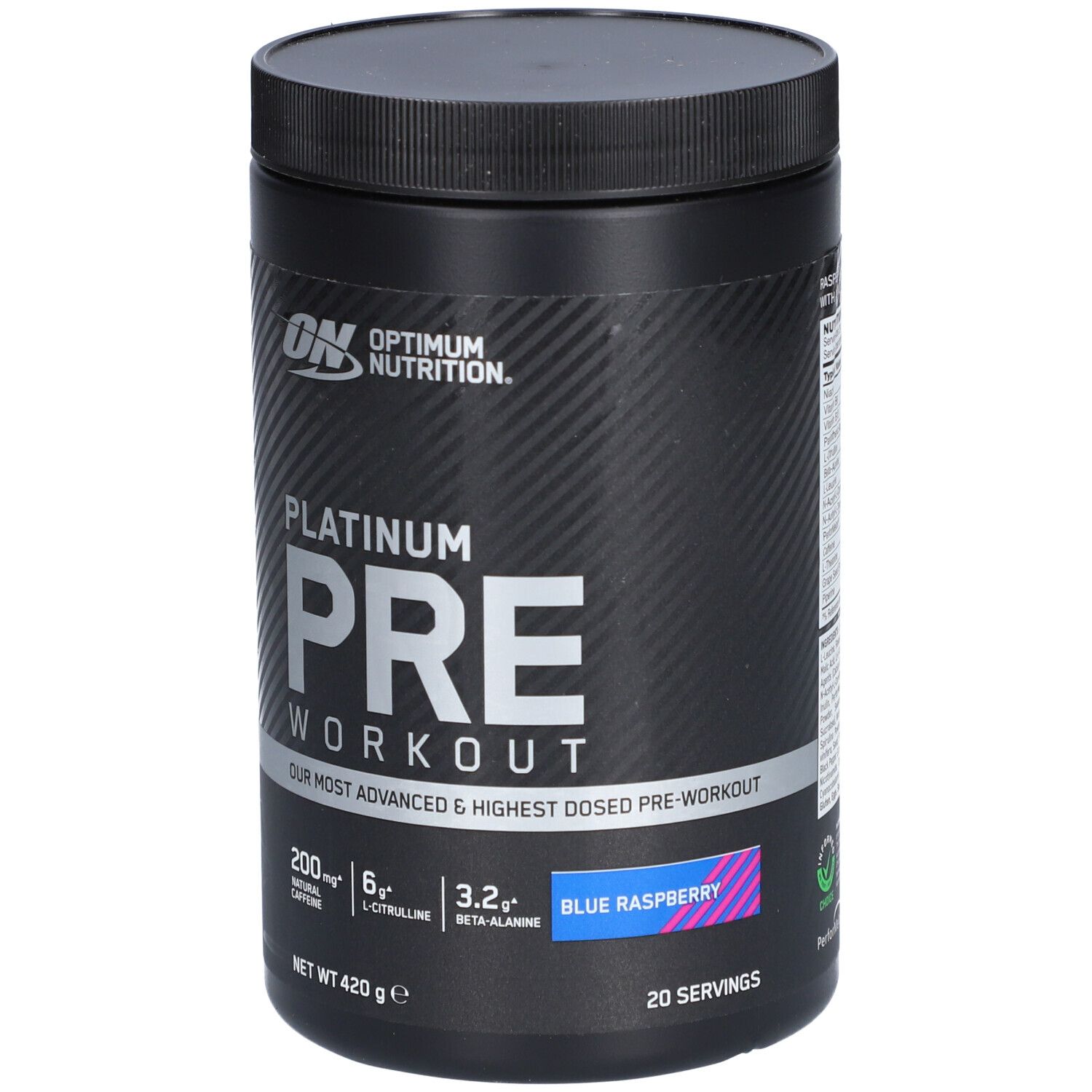 Schwarzer Behälter mit Deckel. Aufschrift: Platinum PRE-WORKOUT. Blaue Himbeer-Geschmacksrichtung. Enthält Koffein, L-Citrullin, Beta-Alanin.