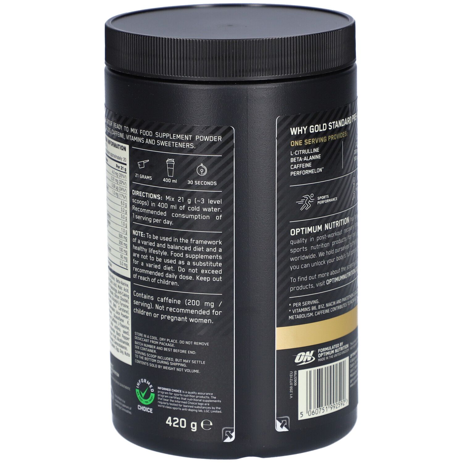 Dose Gold Standard Pre-Workout Advanced. Enthält Informationen zur Zubereitung und Nährwertangaben. 420g.