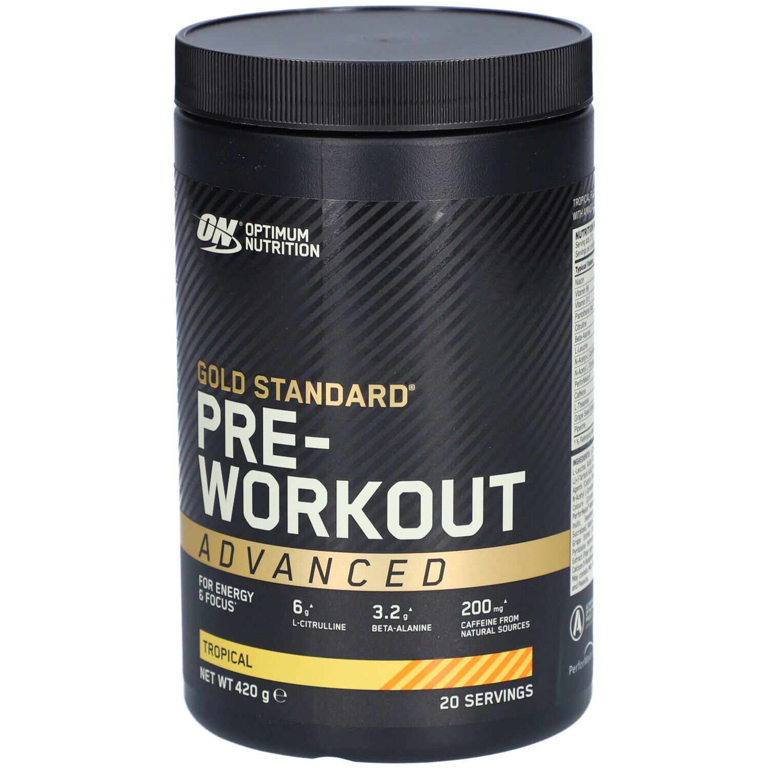Schwarze Dose Gold Standard Pre-Workout Advanced. Marke Optimum Nutrition. Tropische Geschmacksrichtung, 420g.