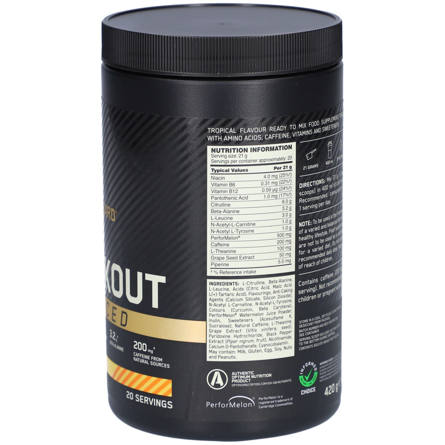 Rückseite der Dose Gold Standard Pre-Workout Advanced. Enthält Nährwertangaben, Zutaten und Zubereitungshinweise.