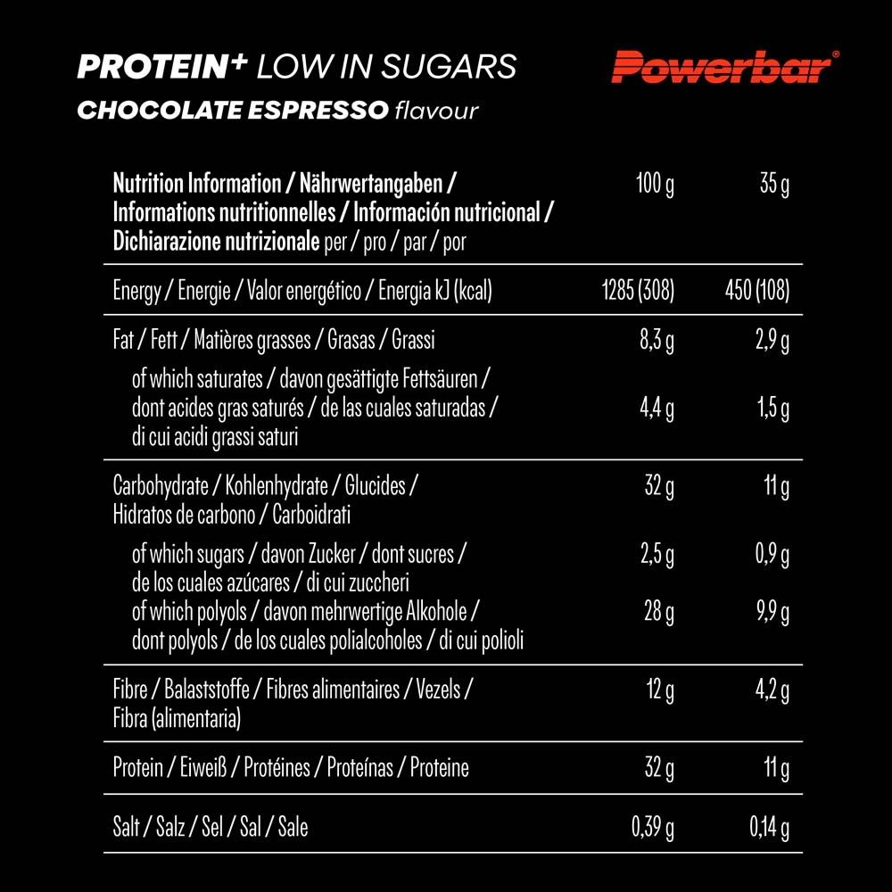 Nährwerttabelle für Powerbar Protein+ Chocolate Espresso. Enthält Informationen zu Energie, Fett, Kohlenhydraten, Protein und Salz.