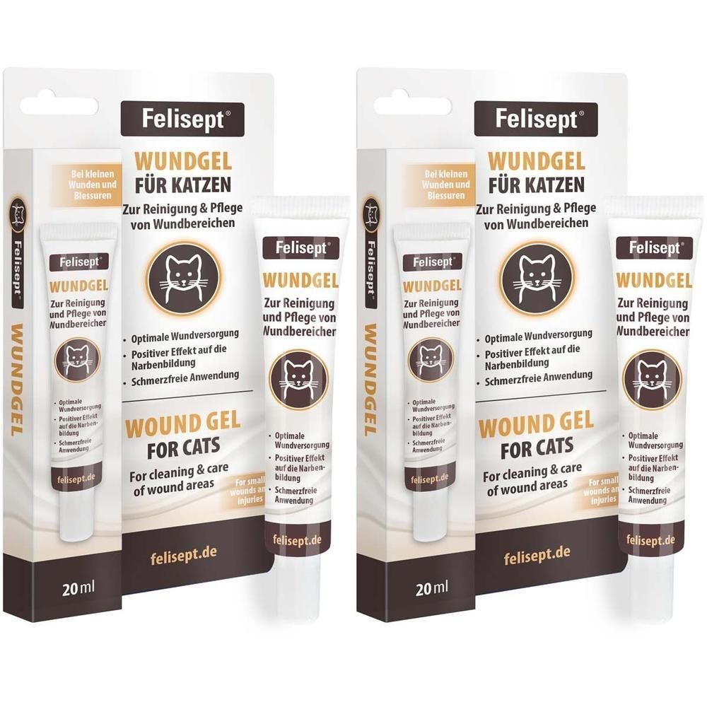Deux paquets de gel pour plaies Felisept pour chats, chaque tube contient 20 ml.