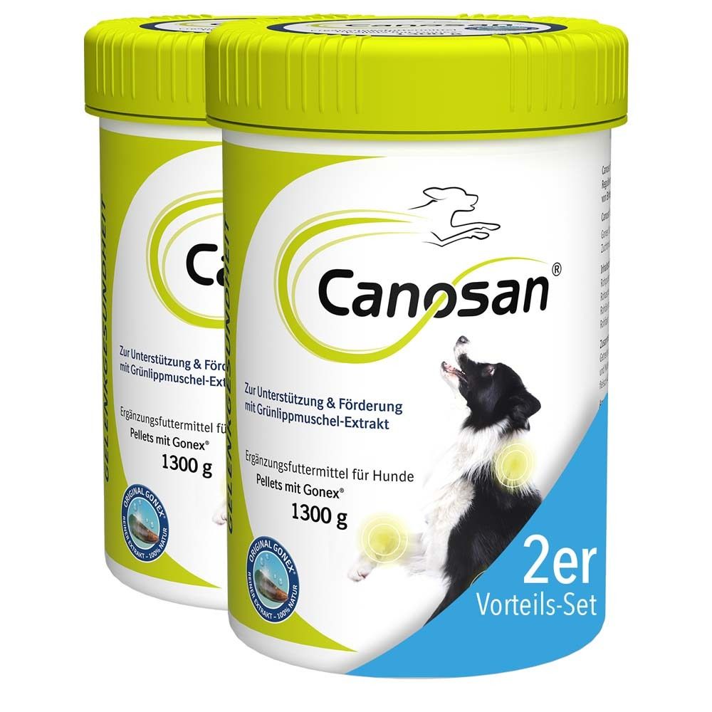 Deux boîtes de Canosan® Pellets. Couvercle jaune, récipient blanc. Texte : Canosan®, lot de 2, 1300 g.
