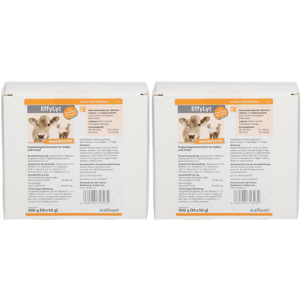 Deux boîtes blanches avec impression. "EffyLyt" en haut. Image de vaches en dessous. "500 g (10x50 g)" en bas.