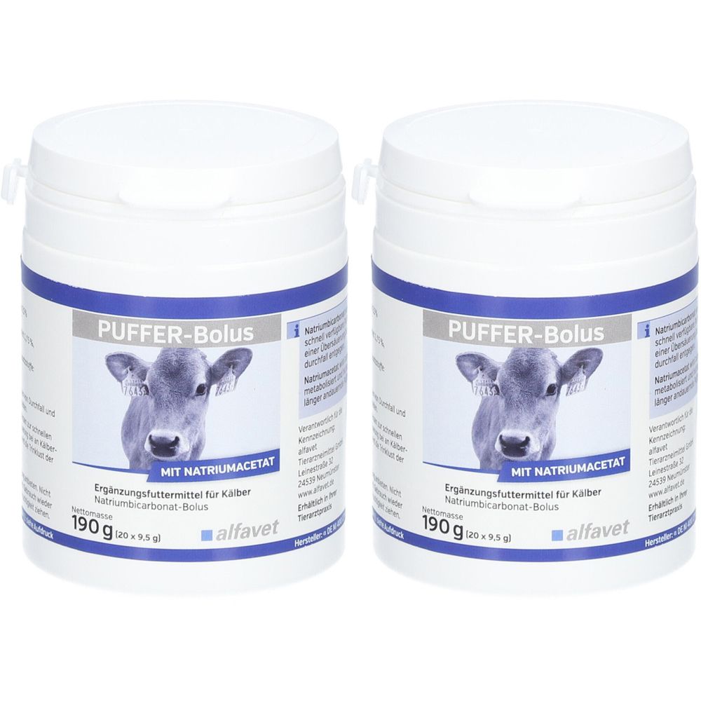 Deux boîtes blanches avec couvercles. Inscription PUFFER-Bolus, image d'un veau, texte MIT NATRIUMACETAT et alfavet. 190g.
