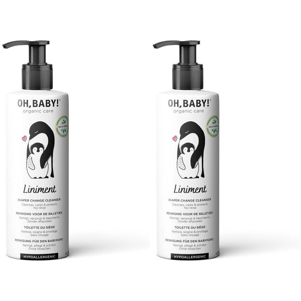 Deux flacons de liniment avec pompe noire. Inscription : OH, BABY ! et illustration de pingouin. Hypoallergénique.