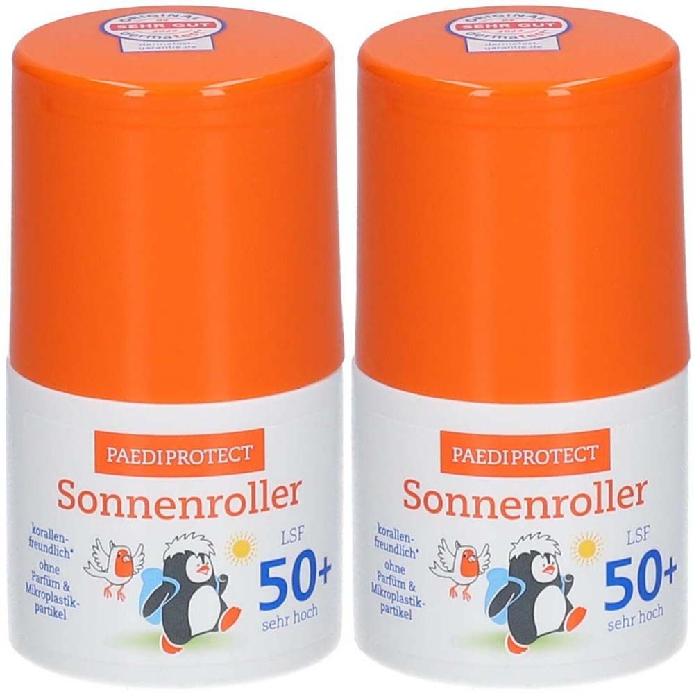 Deux flacons de protection solaire avec bouchons orange. Inscription: PAEDI PROTECT Sonnenroller LSF 50+. Illustration de pingouin.