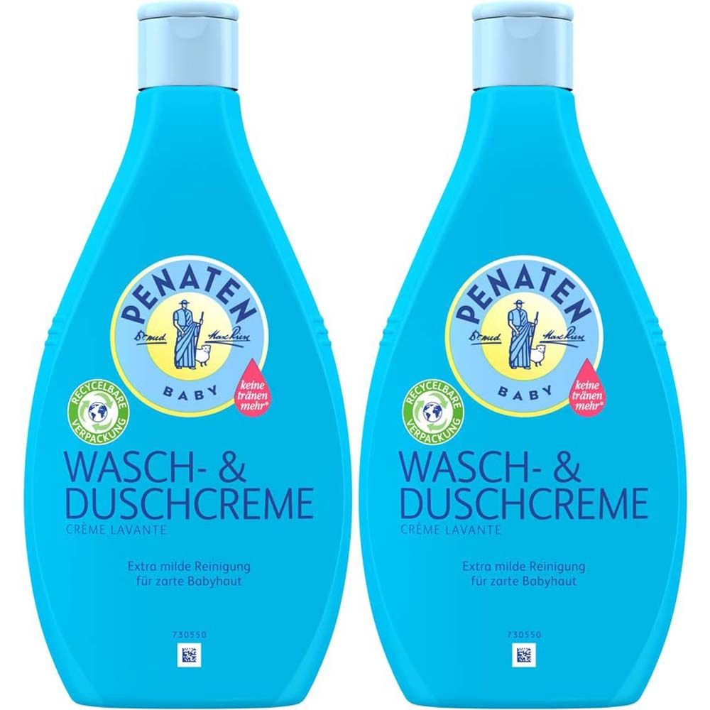Zwei blaue Flaschen PENATEN BABY Wasch- & Duschcreme. Aufschrift: Wasch- & Duschcreme, Extra milde Reinigung für zarte Babyhaut.