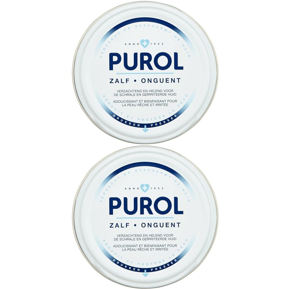 Deux boîtes rondes avec couvercles blancs. Inscription PUROL, Zalf Onguent. Texte en néerlandais et français.