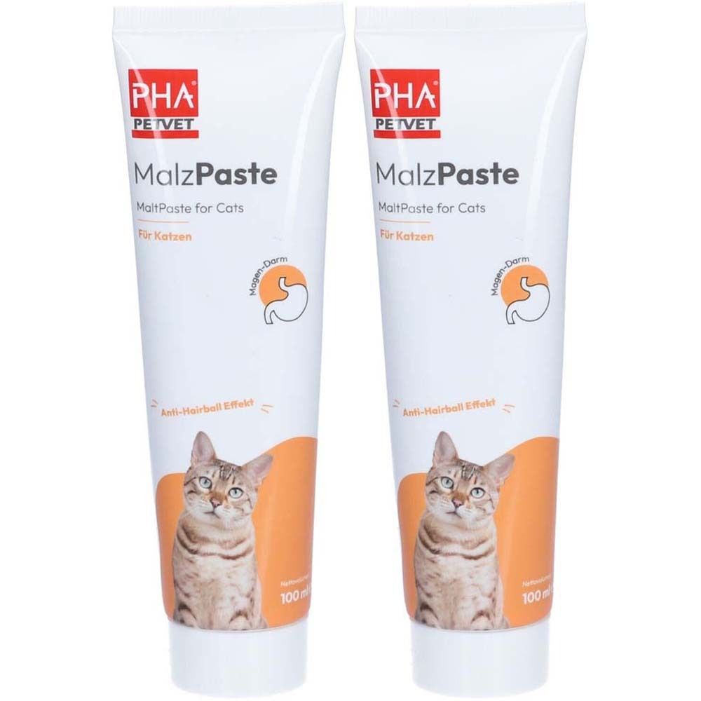 Deux tubes de pâte de malt pour chats. Tubes blancs avec fond orange, texte et image de chat. Marque PHA PETVET.