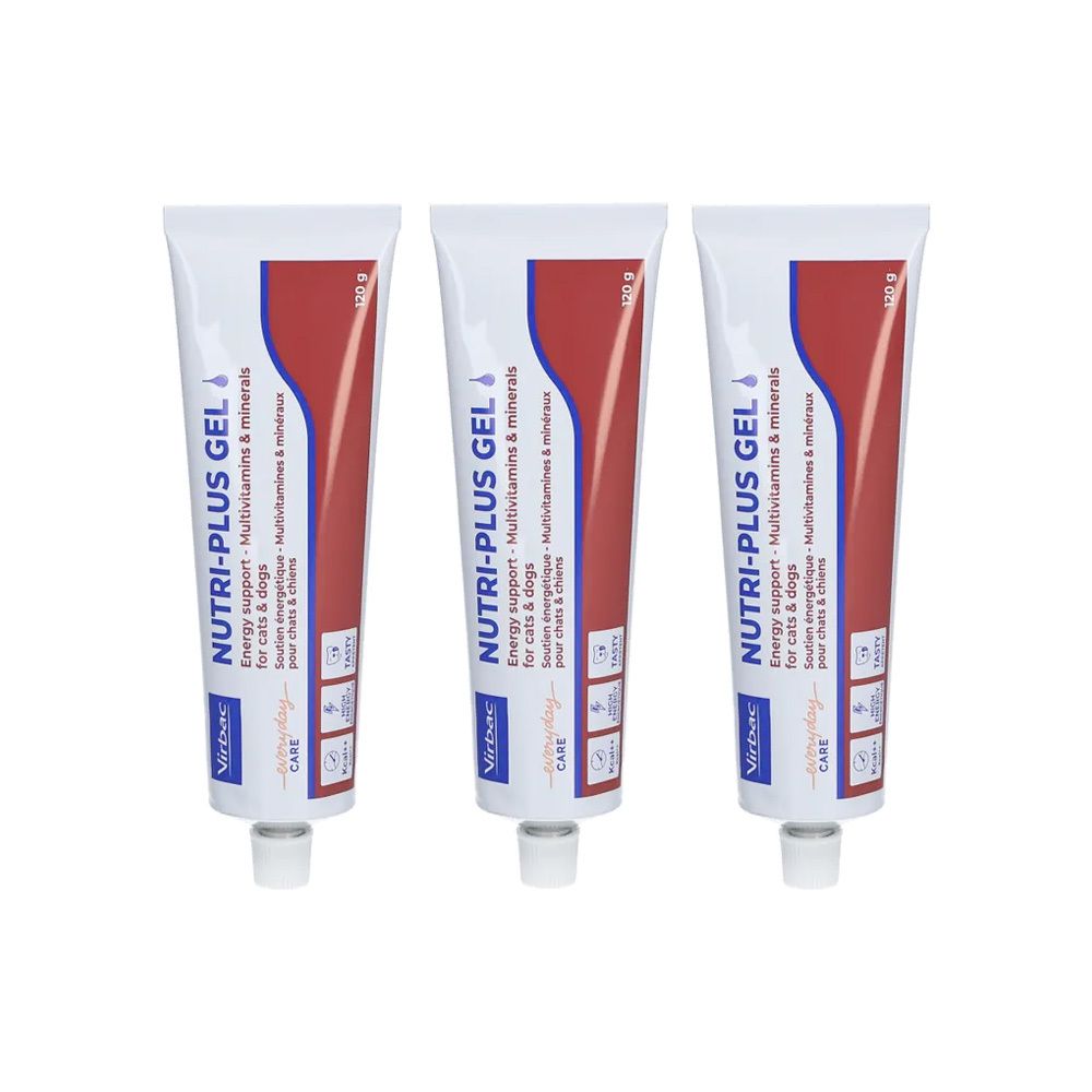 Trois tubes de Nutri-plus Gel. Tubes blancs avec design rouge et bleu. Inscription : Soutien énergétique, multivitamines et minéraux.