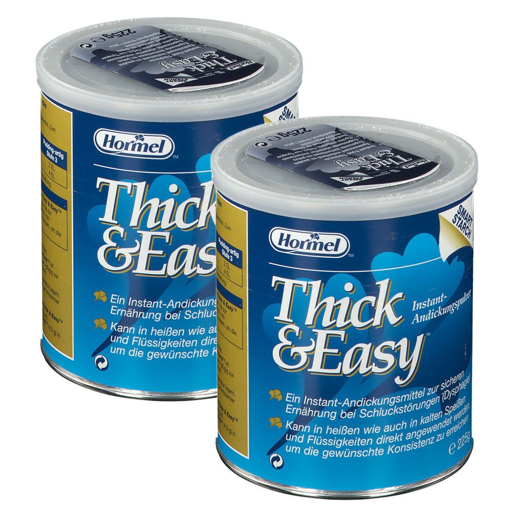 Deux boîtes de Thick&Easy. Boîtes bleues avec couvercles blancs. Inscription: Thick & Easy, Hormel. Texte: épaississant instantané pour troubles de déglutition.