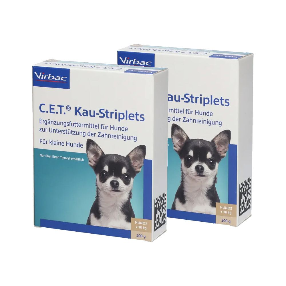 Deux boîtes avec impression du produit. Inscription : C.E.T. Kau-Striplets, complément alimentaire pour chiens. Image d'un chien.