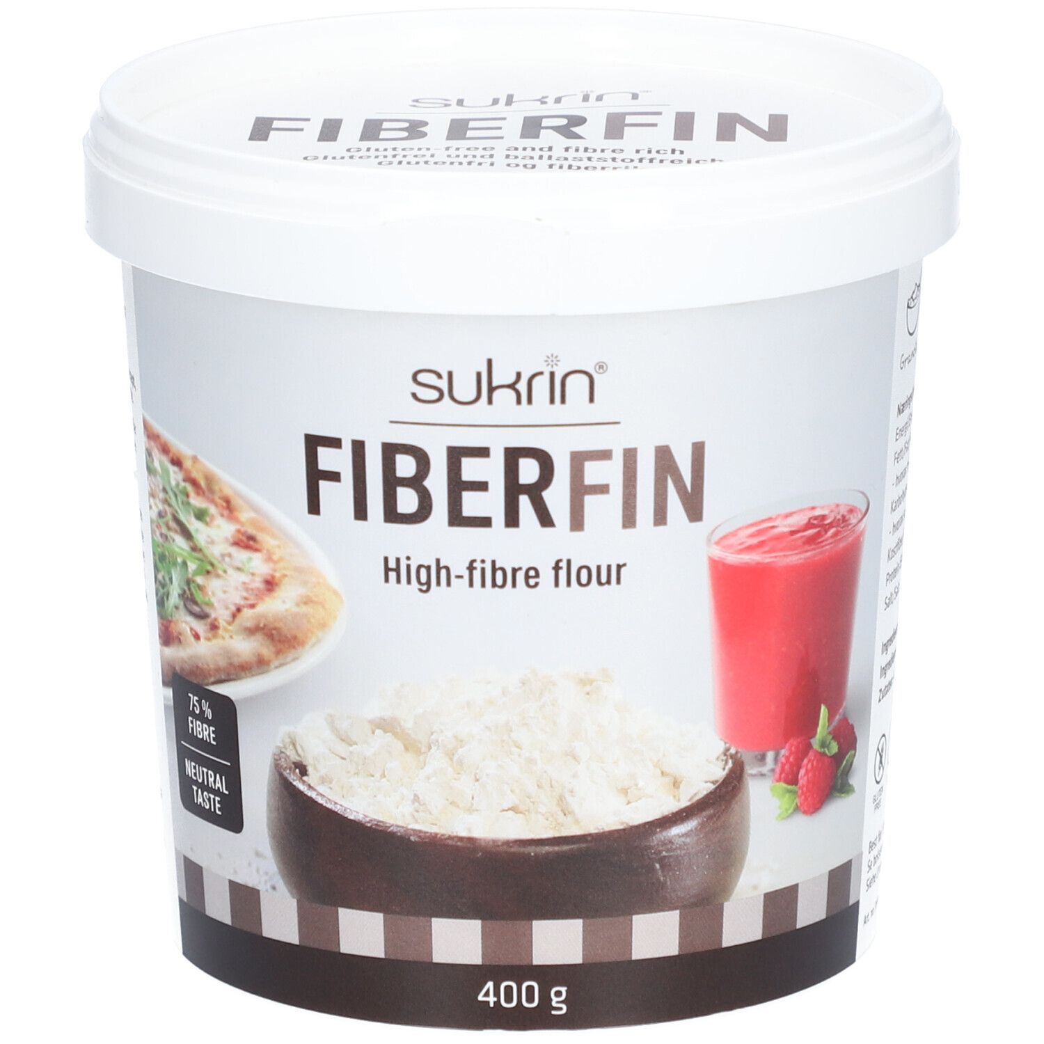 Weißer Eimer mit Sukrin FiberFin. Aufschrift: FiberFin, High-fibre flour, 400 g. Abbildungen von Pizza, Mehl und Getränk.