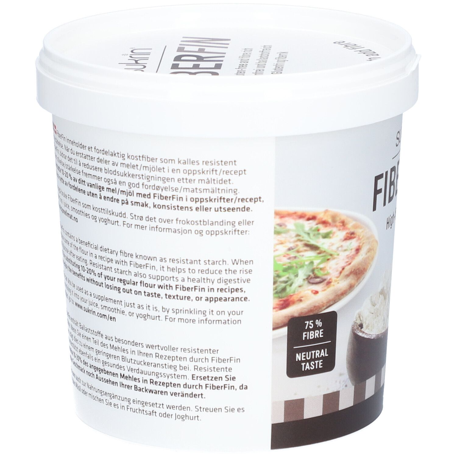 Rückseite des weißen Eimers mit Text. Sukrin FiberFin, High-fibre flour. 75% Faser, neutraler Geschmack. Abbildung von Pizza und Mehl.