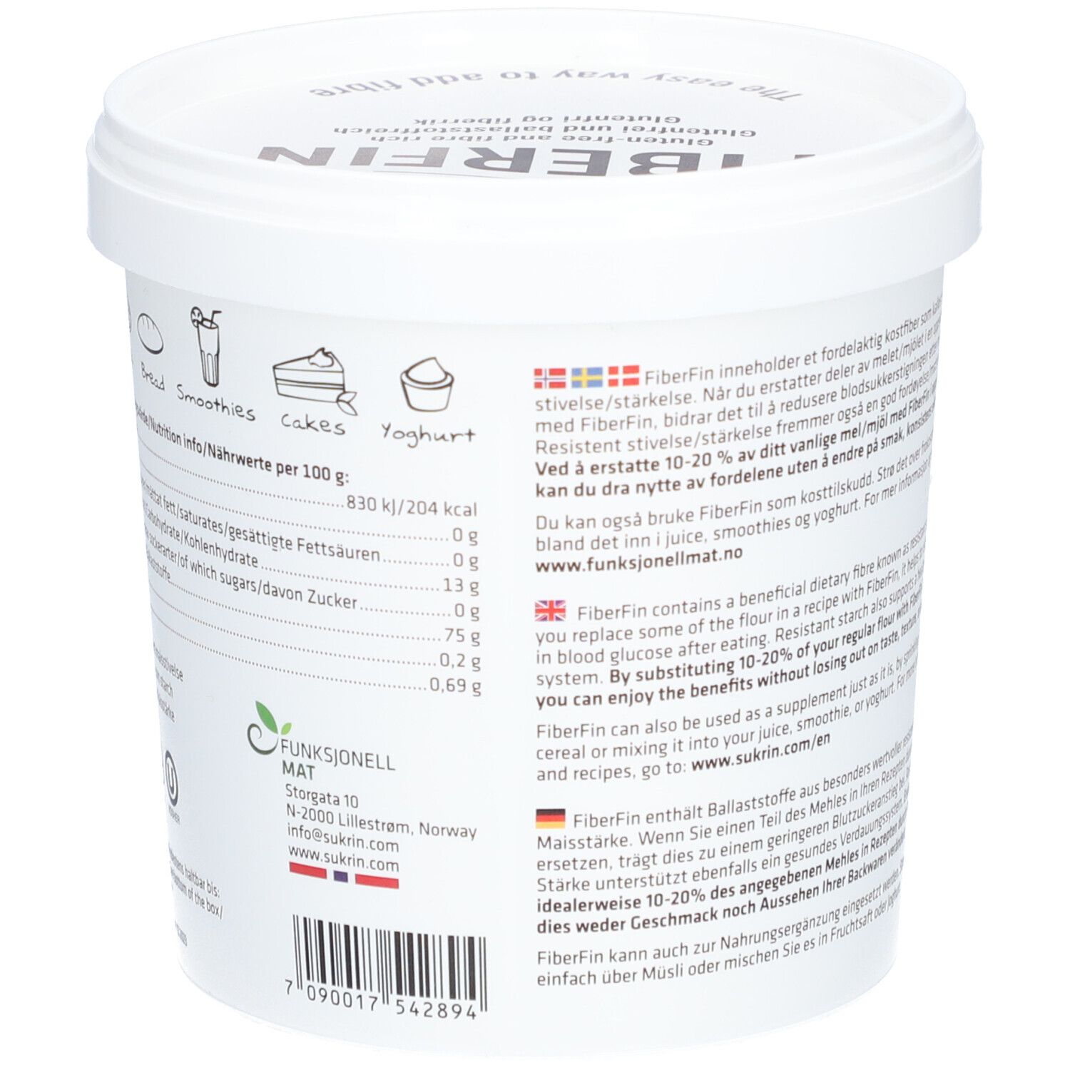 Rückseite des weißen Eimers mit Text und Nährwertangaben. Sukrin FiberFin. Abbildungen von Smoothie, Kuchen und Joghurt.