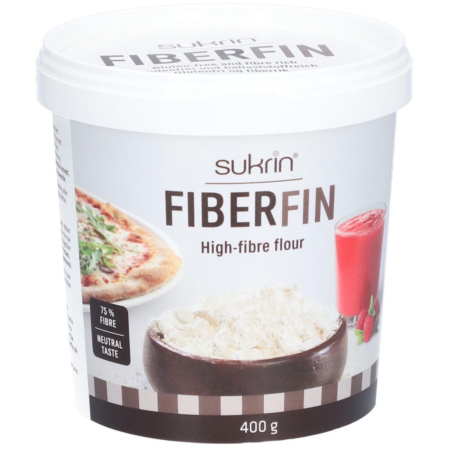 Weißer Eimer mit Sukrin FiberFin. Aufschrift: FiberFin, High-fibre flour, 400 g. Abbildungen von Pizza, Mehl und Getränk.