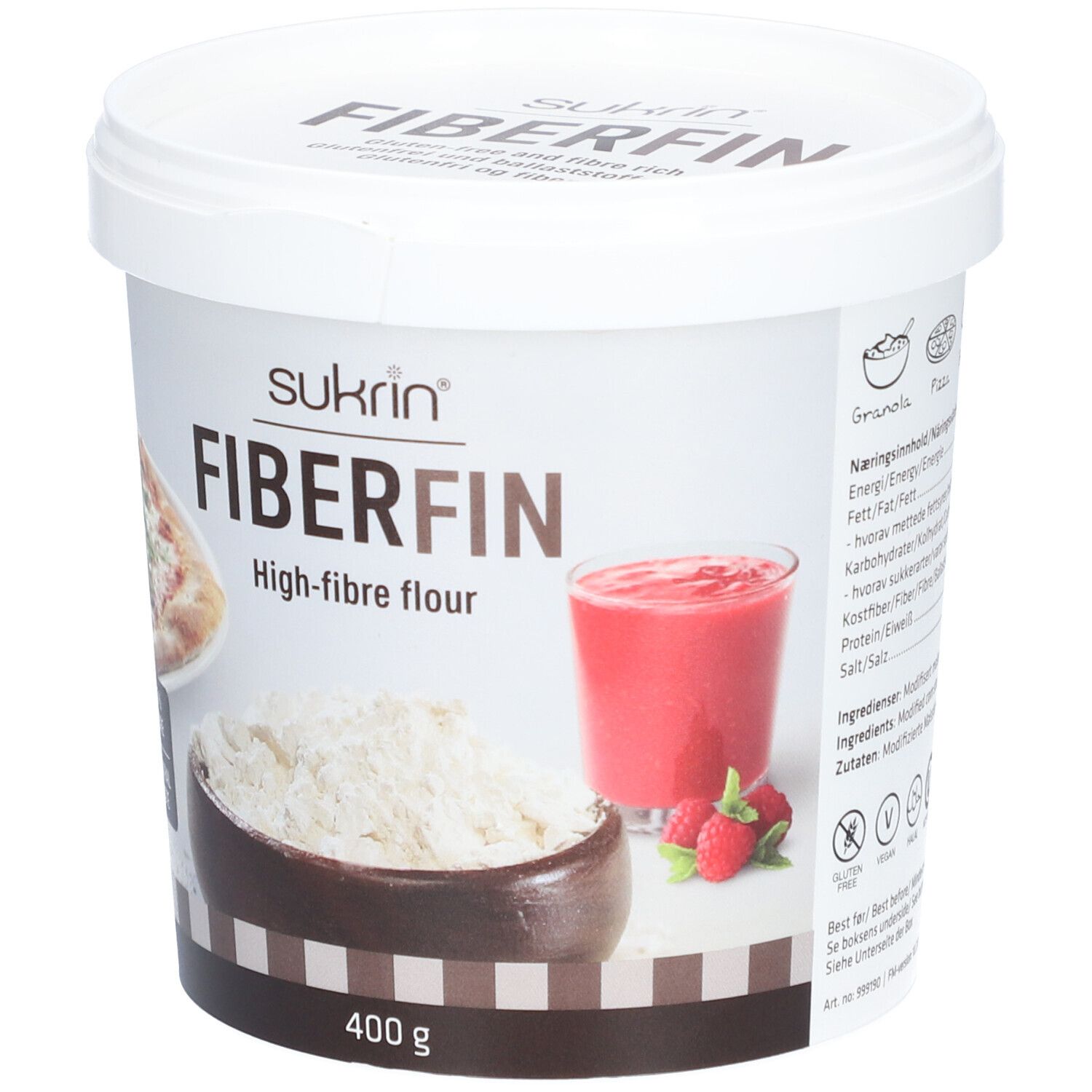 Weißer Eimer mit Sukrin FiberFin. Aufschrift: FiberFin, High-fibre flour, 400 g. Abbildungen von Pizza, Mehl und Getränk.