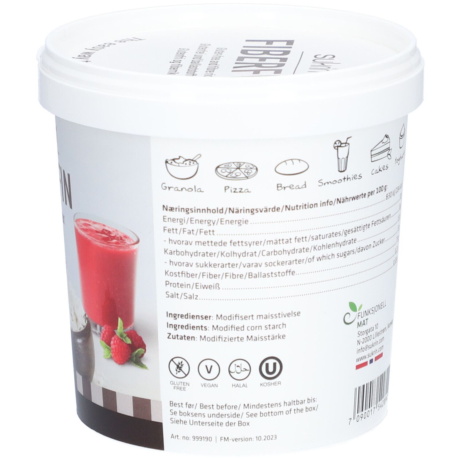 Rückseite des weißen Eimers mit Text und Nährwertangaben. Sukrin FiberFin. Abbildungen von Granola, Pizza, Brot, Smoothie, Kuchen.