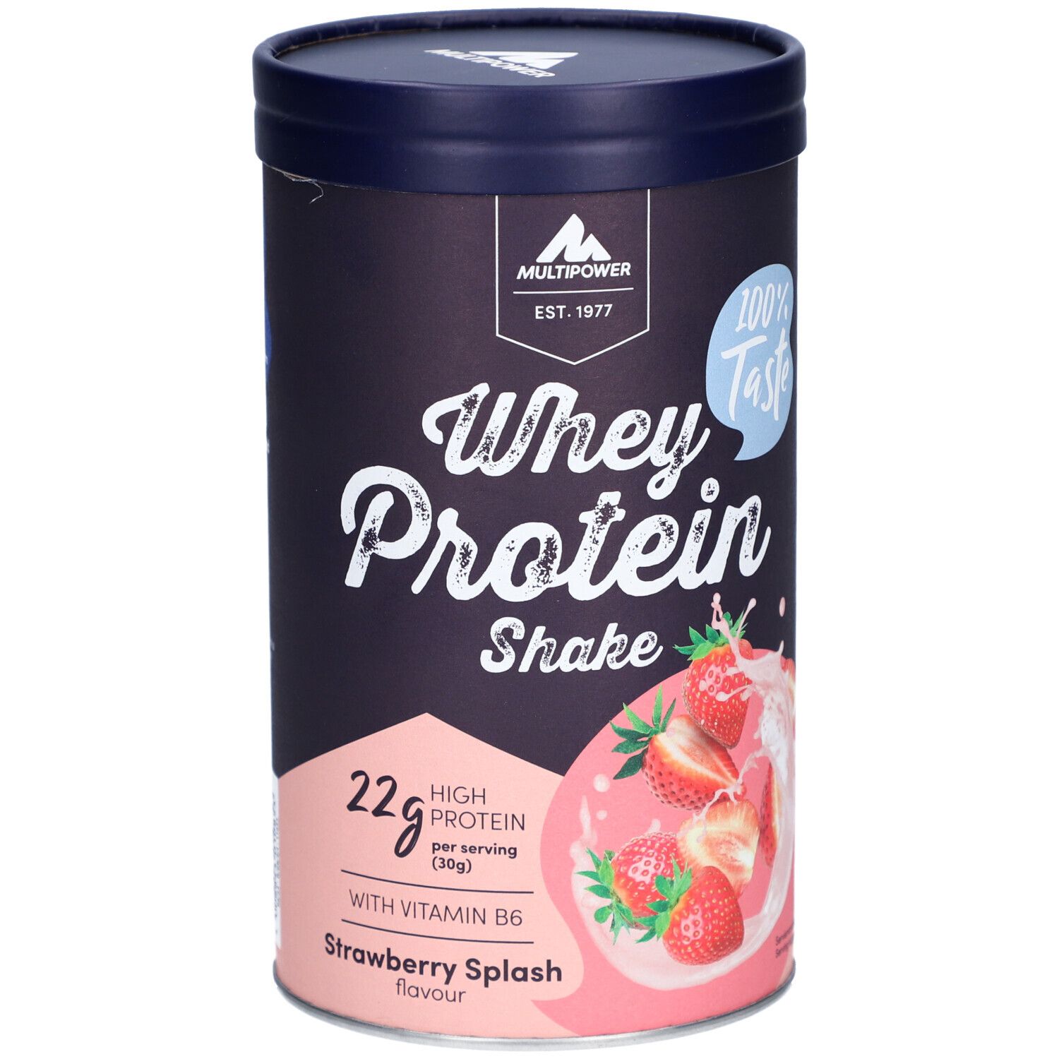Dose MULTIPOWER Whey Protein Shake Erdbeere. Aufschrift: 22g Protein, Erdbeere. Blaue Kappe, dunkler Hintergrund.