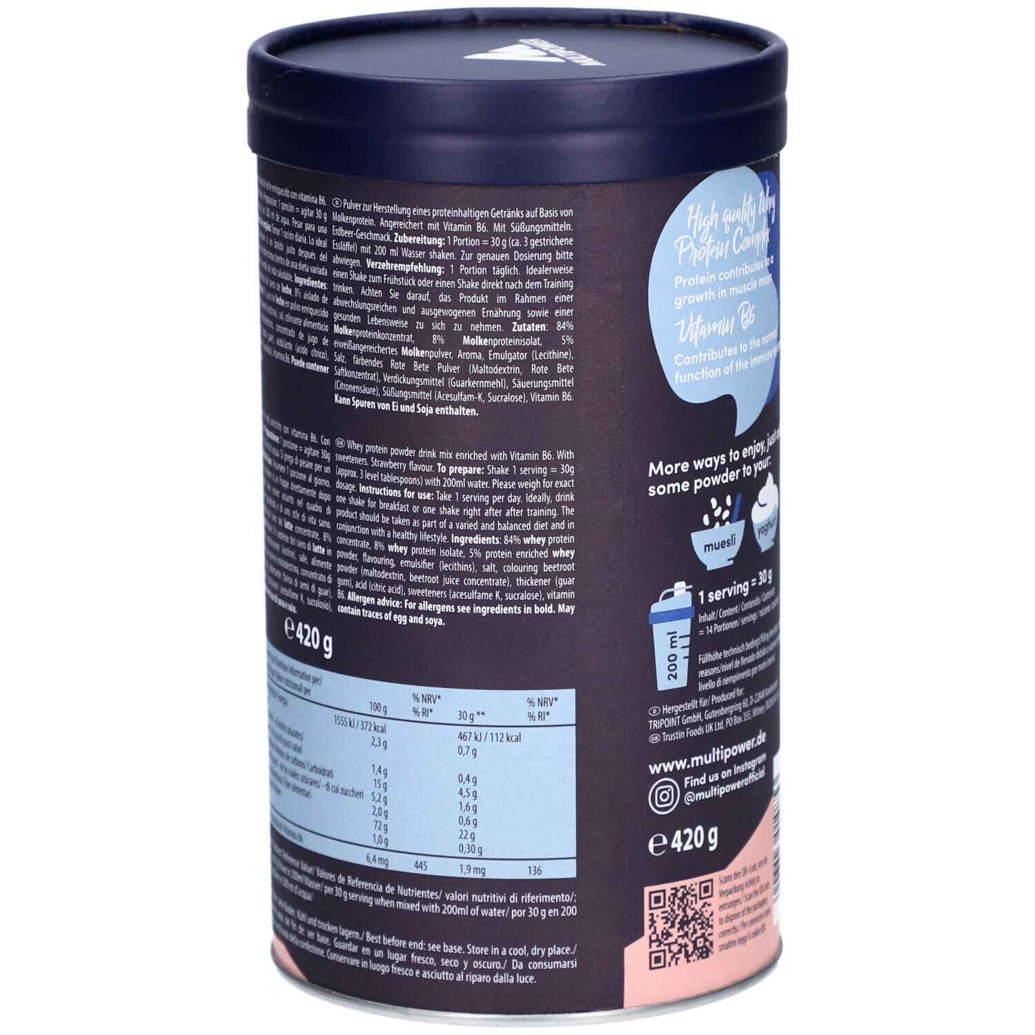 Dose MULTIPOWER Whey Protein Shake Erdbeere. Rückseite mit Text und Nährwertangaben. Blaue Kappe, dunkler Hintergrund.
