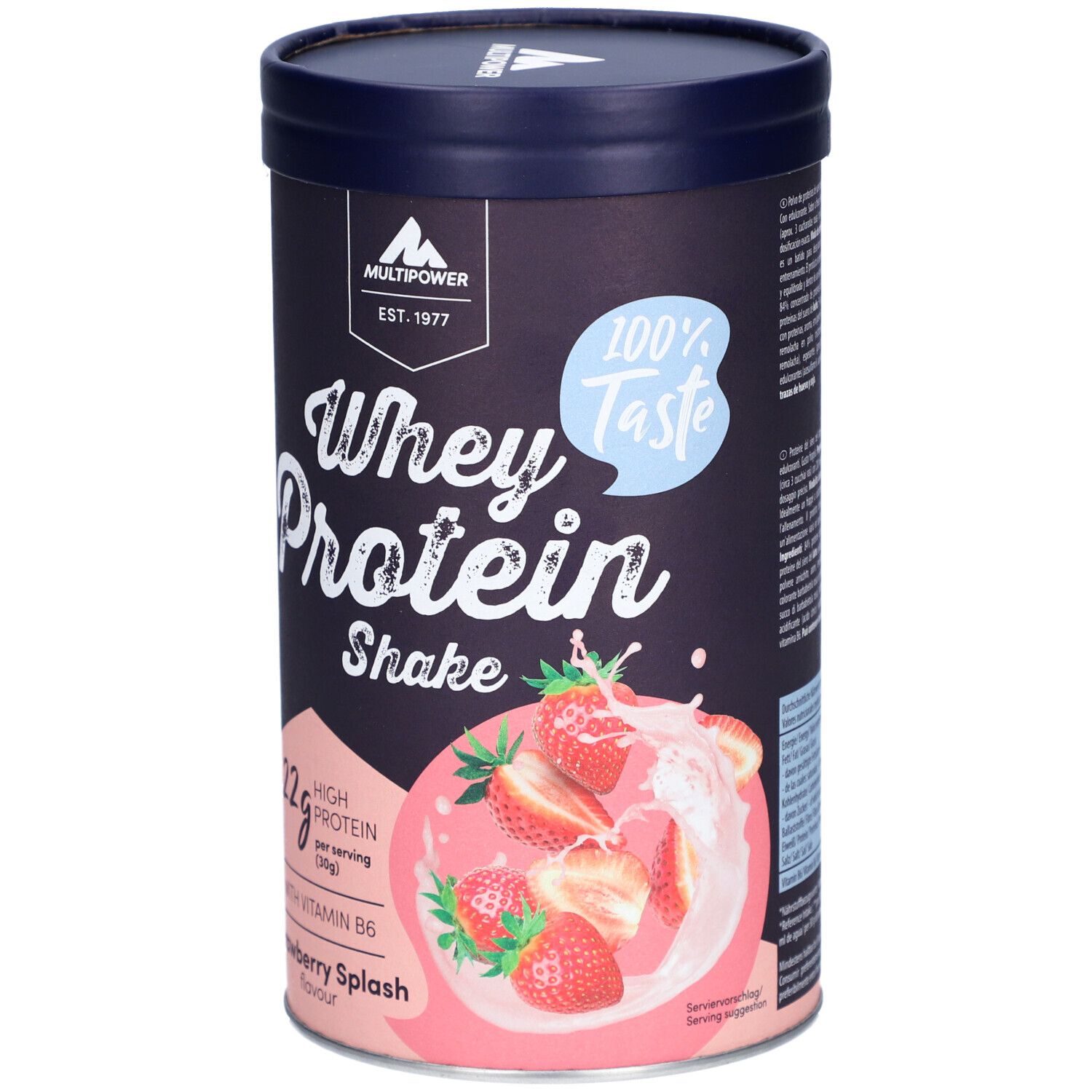 Dose MULTIPOWER Whey Protein Shake Erdbeere. Aufschrift: 22g Protein, Erdbeere. Blaue Kappe, dunkler Hintergrund.