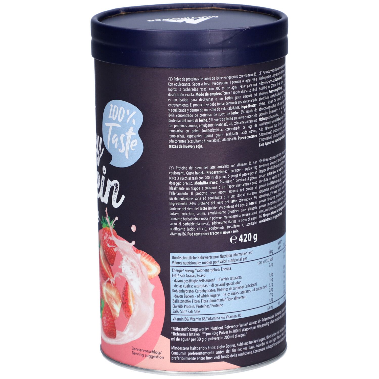 Dose MULTIPOWER Whey Protein Shake Erdbeere. Rückseite mit Text und Nährwertangaben. Blaue Kappe, dunkler Hintergrund.