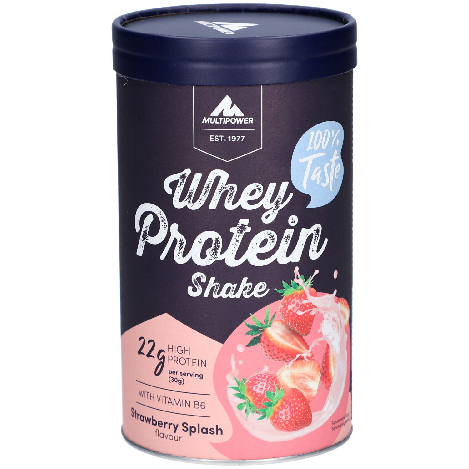 Dose MULTIPOWER Whey Protein Shake Erdbeere. Aufschrift: 22g Protein, Erdbeere. Blaue Kappe, dunkler Hintergrund.