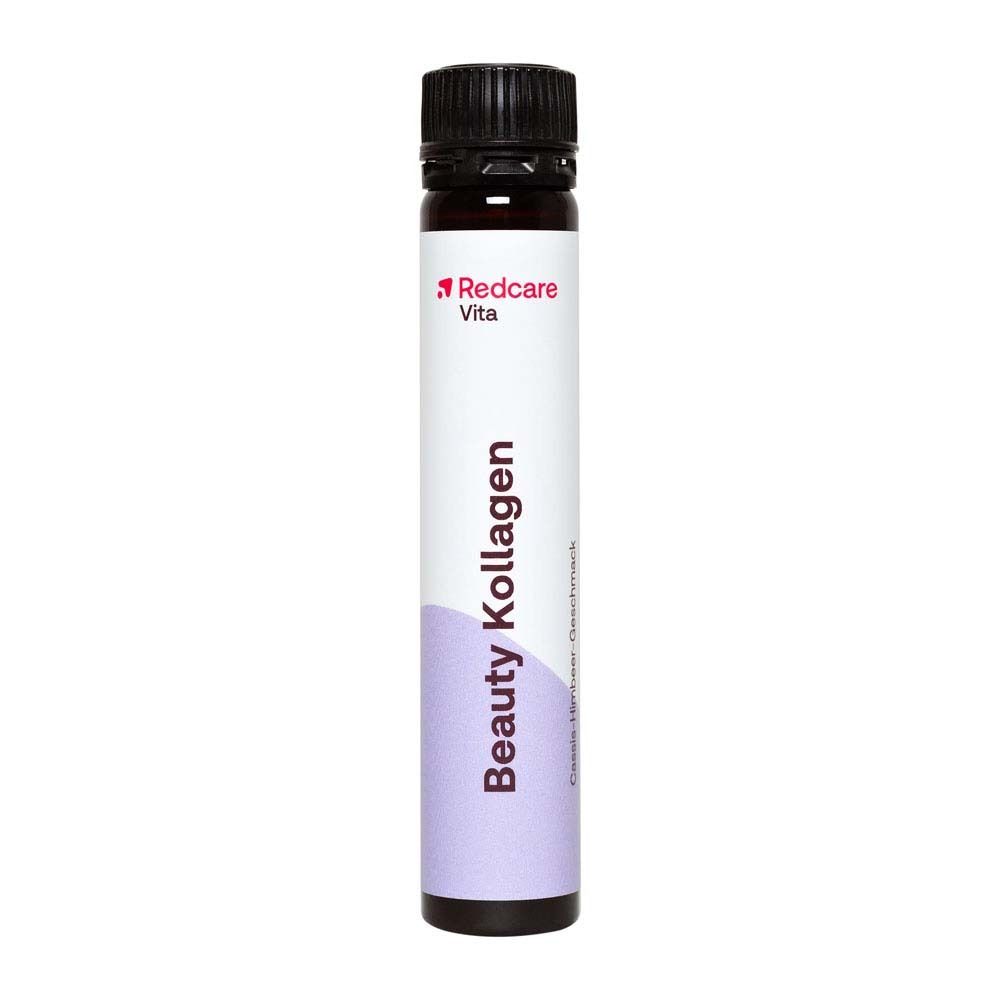 Eine einzelne Trinkampulle Redcare Beauty Kollagen mit schwarzem Schraubverschluss.