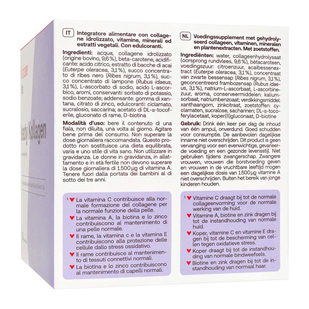 Rückseite der Verpackung von Redcare Beauty Kollagen. Enthält Informationen zu Inhaltsstoffen und Nährwerten.