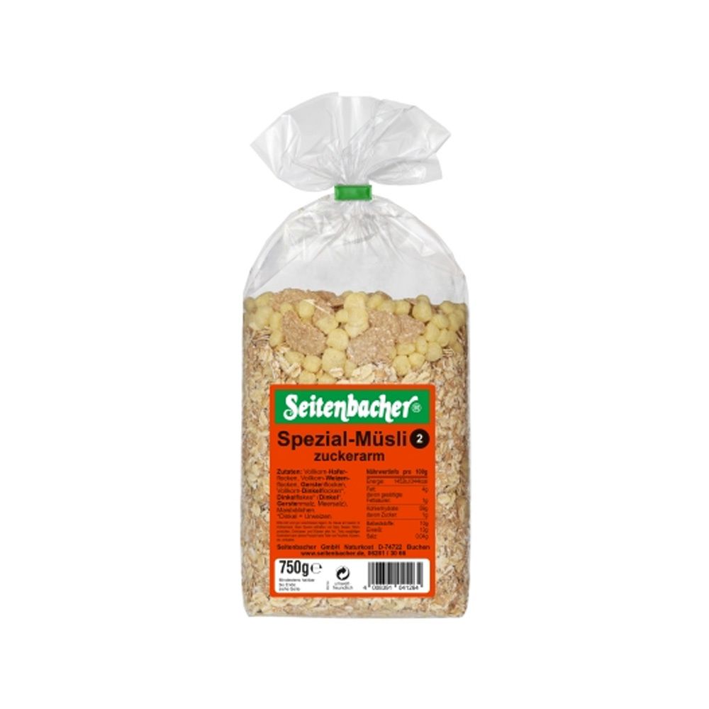 Transparente Tüte mit Seitenbacher Spezial-Müsli 2, zuckerarm. Sichtbar sind Müsli-Bestandteile und Produktinformationen auf der Verpackung. 750g.